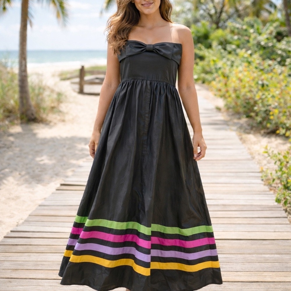 Blair Wood Dress Womens 10 Black Tube Striped Cotton A Line Bow Pleated Summer